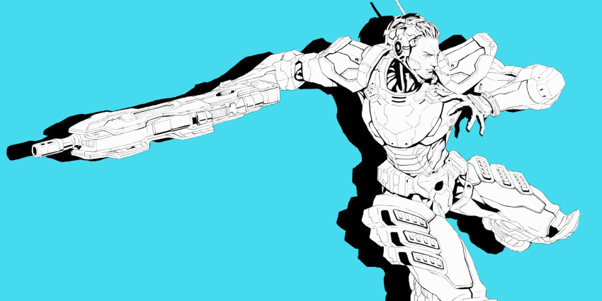 1boy, aqua_background, armor, commentary, greyscale_with_colored_background, gun, hashimoto_yusuke, hashtag-only_commentary