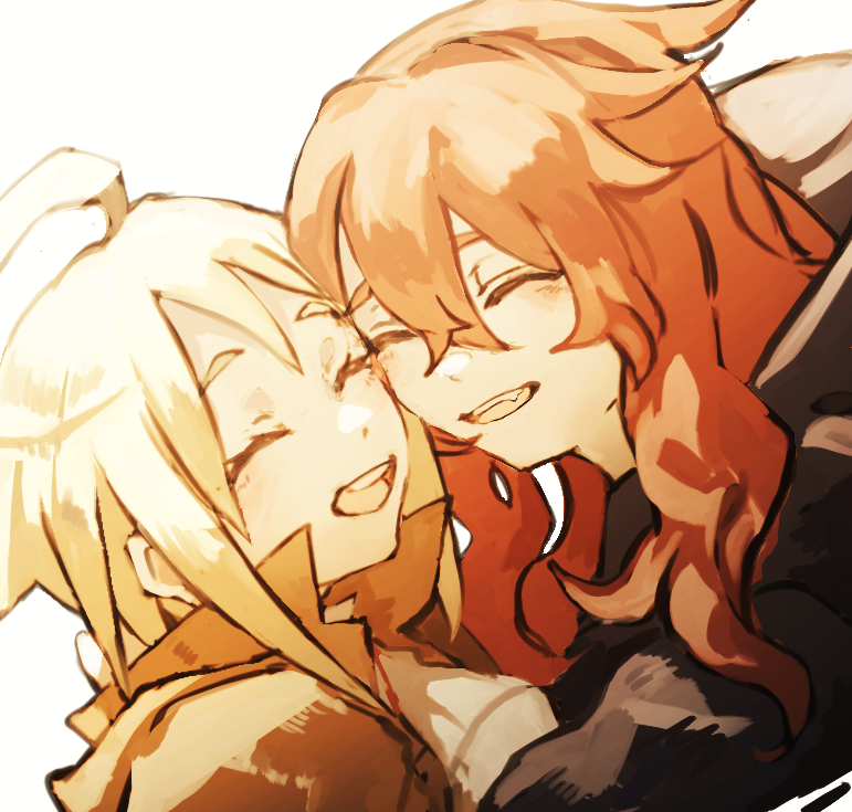 2girls, ahoge, blonde_hair, blush, brown_cloak, cheek_press, cloak, close-up