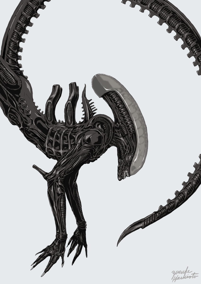 alien, alien_(series), carapace, claws, commentary, from_side, hashimoto_yusuke, hashtag-only_commentary, highres, monster, no_humans, sharp_teeth, signature, solo, tail, teeth, xenomorph