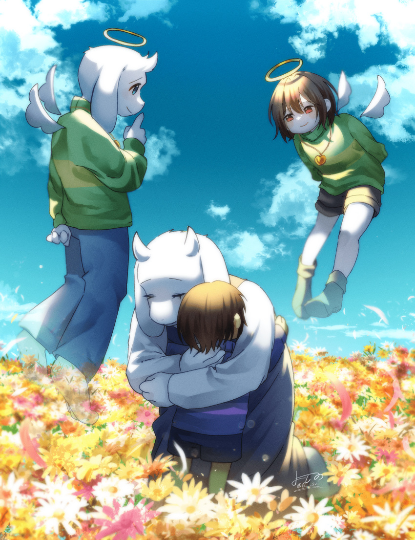 1boy, 1girl, 2others, absurdres, angel_wings, asriel_dreemurr, blue_eyes, blue_pants