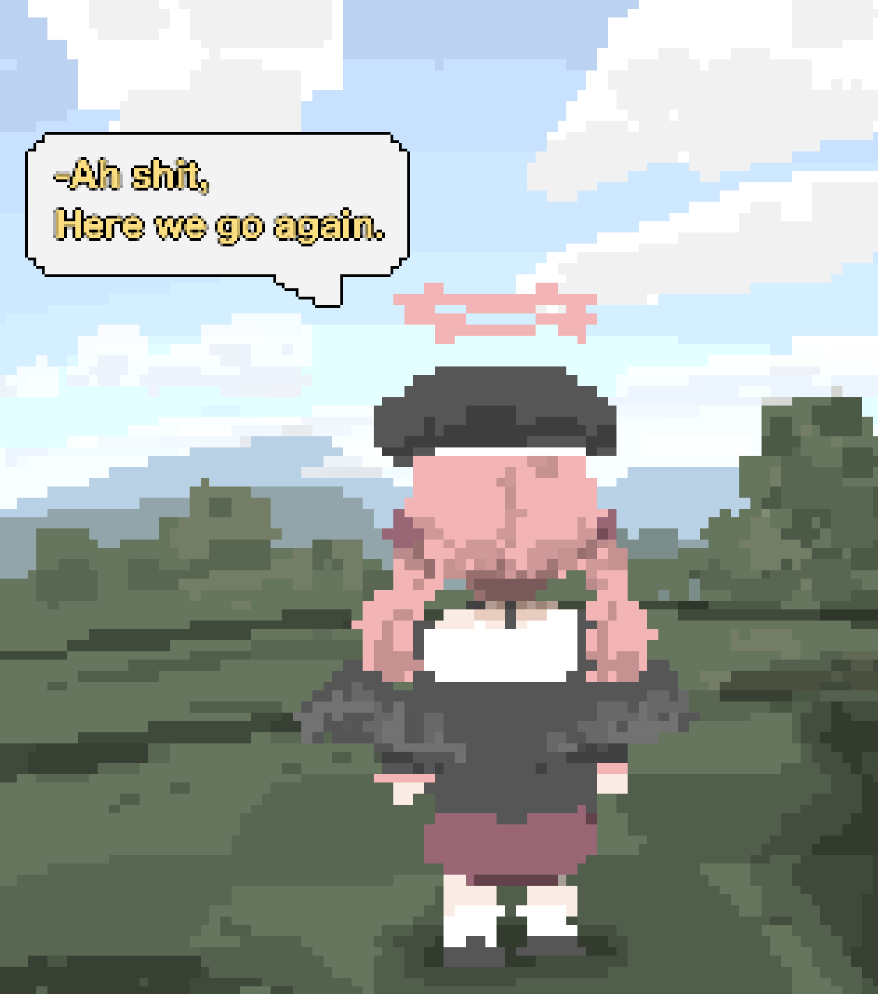 1girl, ah_shit_here_we_go_again_(meme), azmira1534815, beret, black_hat, black_wings, blue_archive, blue_sky