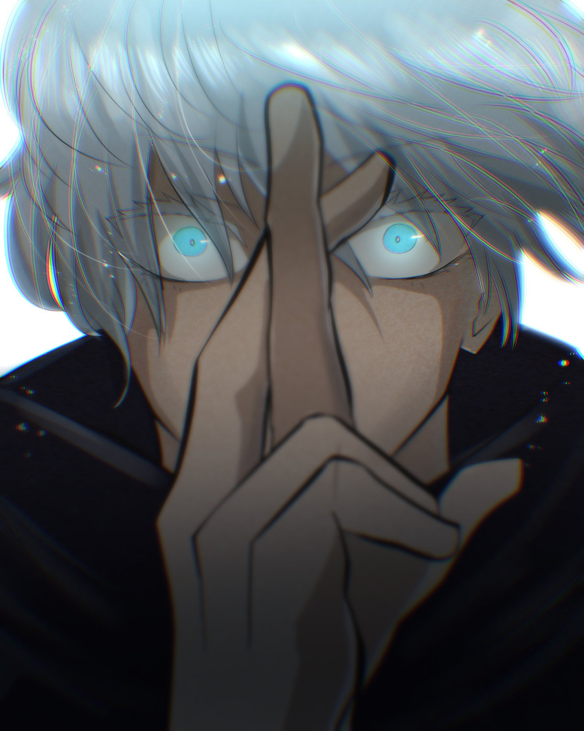 1boy, blue_eyes, bright_pupils, close-up, gojou_satoru, hair_between_eyes, hand_up, high_collar