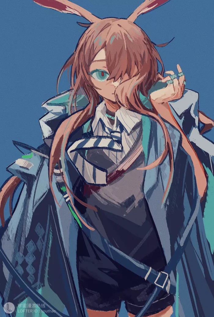 1girl, amiya_(act_2)_(arknights), amiya_(arknights), animal_ears, arknights, black_shorts, black_sweater, blue_background