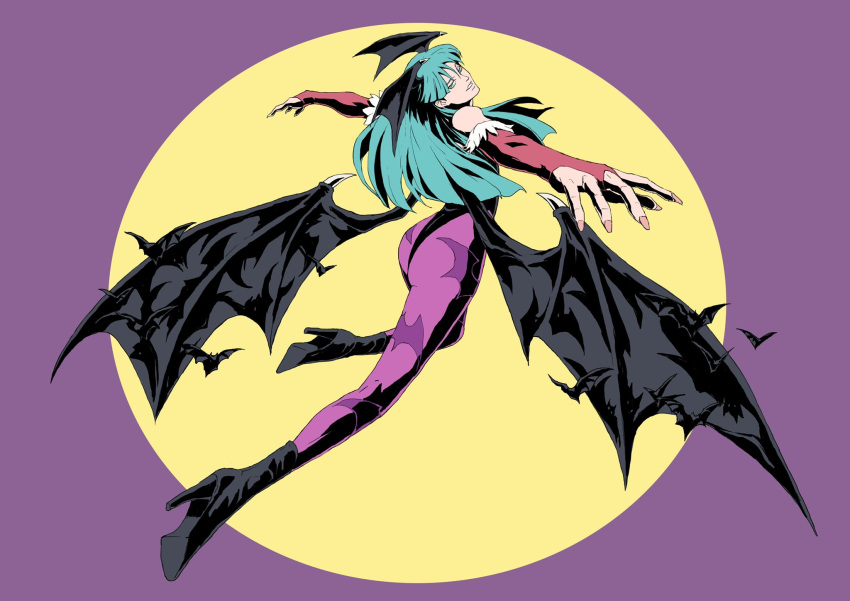 animal_print, aqua_eyes, aqua_hair, ass, bat_(animal), bat_print, black_footwear, black_leotard, boots, bridal_gauntlets, commentary, darkstalkers, demon_girl, demon_wings, from_side, full_body, hashimoto_yusuke, head_wings, high_heel_boots, high_heels, highleg, highleg_leotard, highres, leotard, looking_at_viewer, low_wings, morrigan_aensland, outstretched_arms, pantyhose, pink_nails, purple_pantyhose, stiletto_heels, thong_leotard, wings