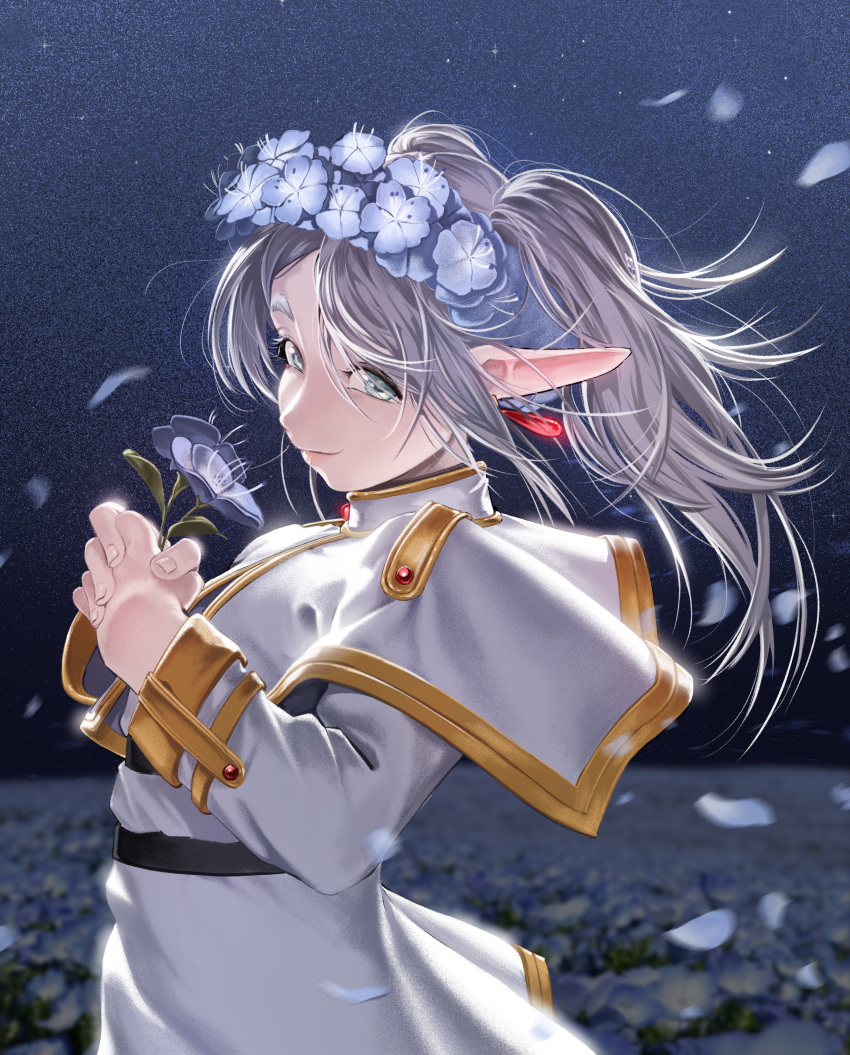 1girl, absurdres, capelet, chtv, closed_mouth, earrings, elf, english_commentary