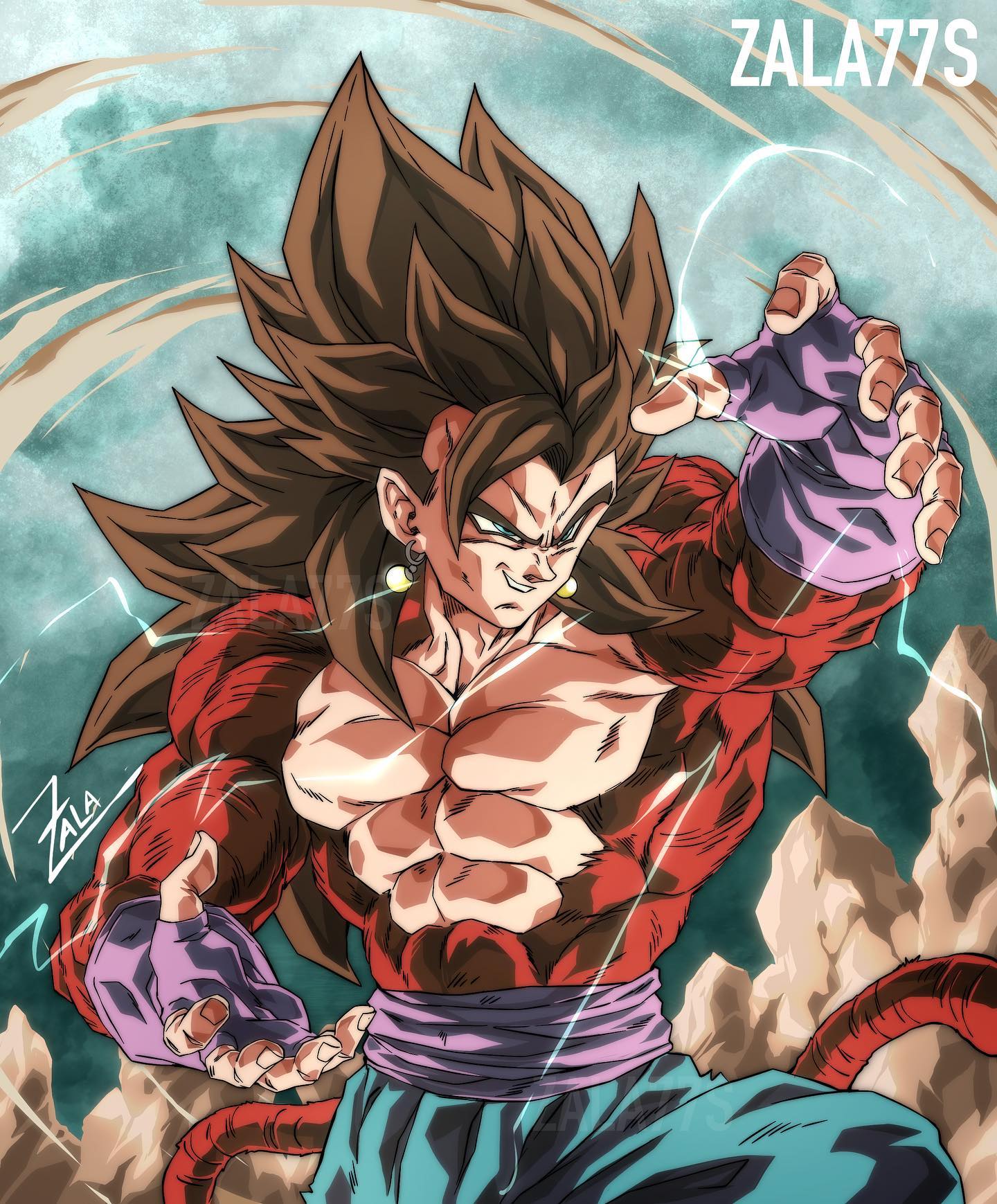 1boy, abs, biceps, blue_eyes, body_fur, brown_hair, dougi, dragon_ball, dragon_ball_gt, earrings, highres, jewelry, long_hair, male_focus, monkey_boy, monkey_tail, muscular, muscular_male, no_nipples, pants, pectorals, potara_earrings, red_fur, saiyan, sash, simple_background, smile, solo, spiky_hair, super_saiyan, super_saiyan_4, tail, vegetto, zala77s