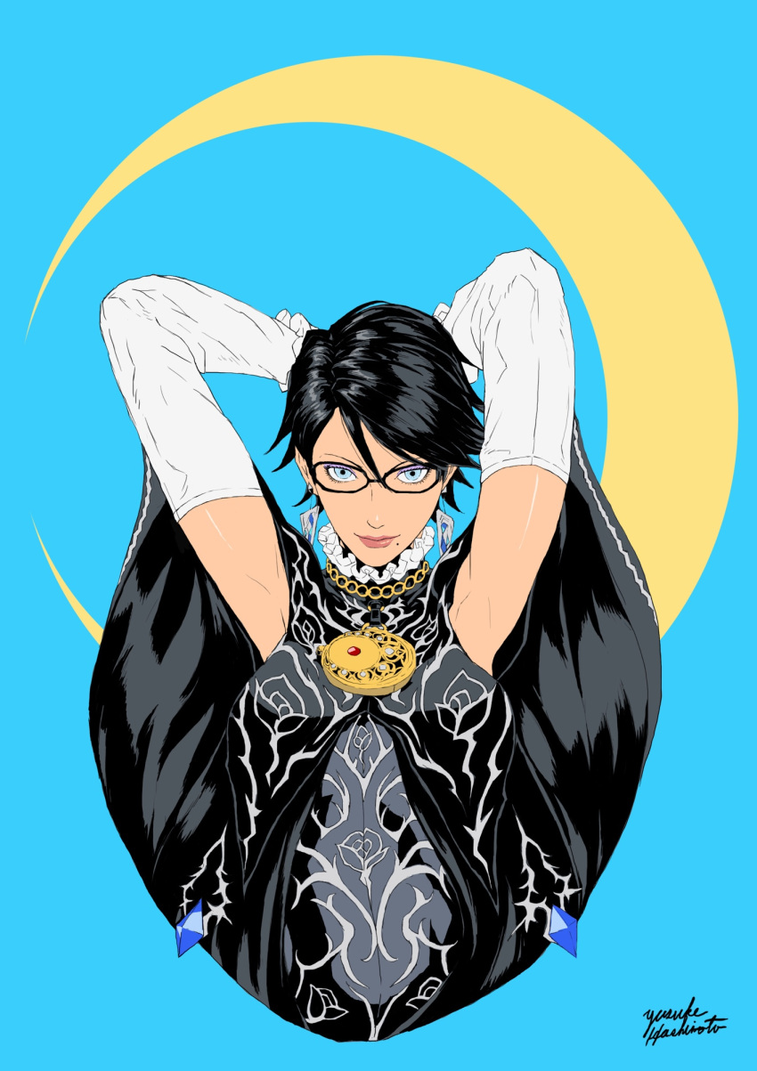 1girl, arms_behind_head, arms_up, bayonetta, bayonetta_(series), bayonetta_2, black-framed_eyewear, black_bodysuit