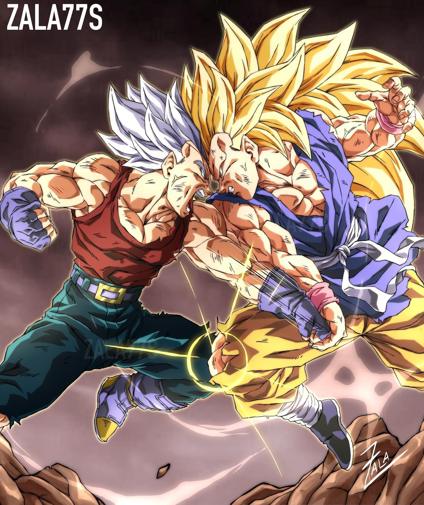 baby_(dragon_ball), baby_vegeta, blue_eyes, dragon_ball, dragon_ball_gt, facial_mark, gloves, grey_hair, highres, long_hair, male_focus, multiple_boys, muscular, muscular_male, open_mouth, pants, pectorals, possessed, saiyan, son_goku, spiky_hair, super_saiyan, super_saiyan_3, veiny_face, white_hair, zala77s