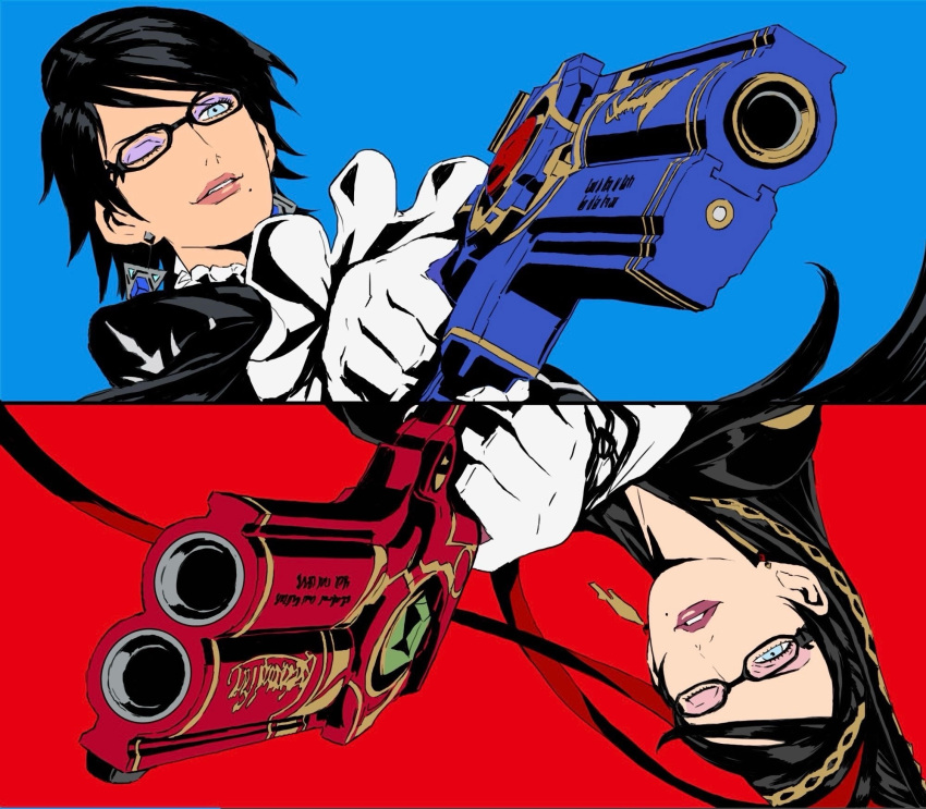 2girls, aiming, bayonetta, bayonetta_(series), bayonetta_1, bayonetta_2, beehive_hairdo, black_hair