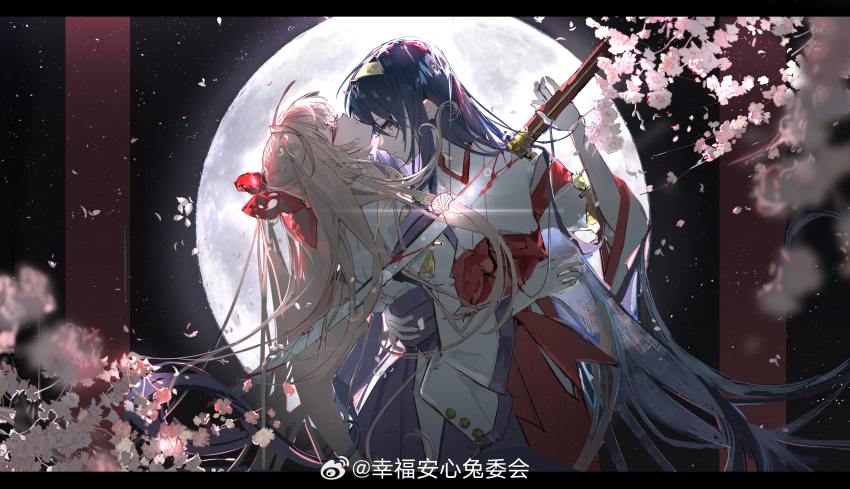 2girls, absurdres, black_sky, blonde_hair, blood, blood_on_weapon, bow, branch
