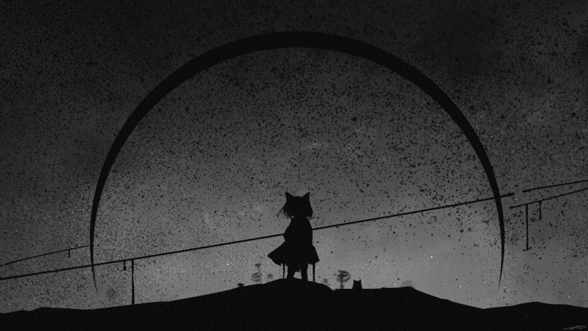 1girl, animal_ears, cat, fantasy, greyscale, highres, horror_(theme), landscape