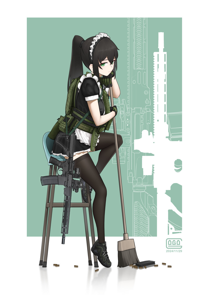 1girl, absurdres, black_hair, black_thighhighs, broom, bulletproof_vest, gogo_(gogo_23), green_eyes, gun, highres, long_hair, maid, on_chair, original, ponytail, sitting, skirt, tachi-e, tactical_clothes, thigh-highs, weapon