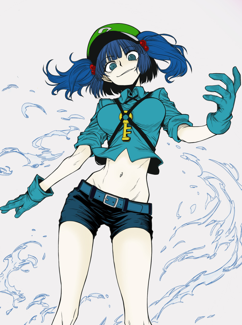 absurdres, belt, blue_hair, breasts, crop_top, crop_top_overhang, gloves, green_eyes