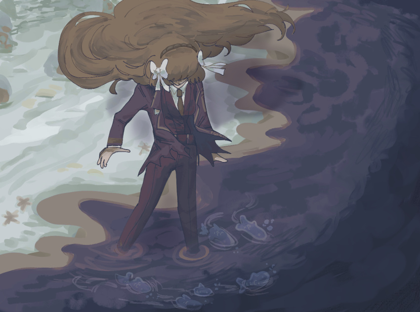 1girl, beach, black_jacket, black_pants, black_vest, bow, collared_shirt, fish