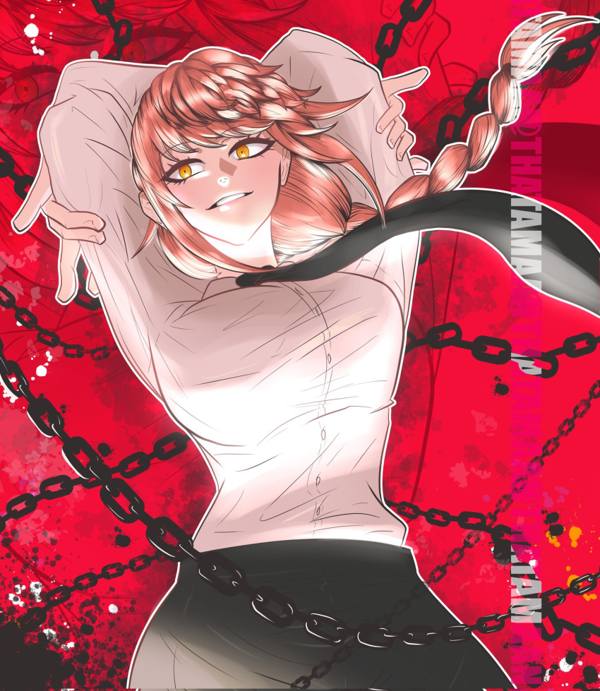 1girl, arms_behind_head, black_necktie, black_pants, braid, braided_ponytail, buttons, chain