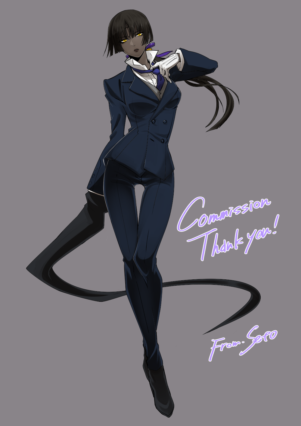 1girl, black_footwear, black_hair, black_pants, black_suit, blue_necktie, buttons, d.gray-man, dark-skinned_female, dark_skin, dress_shirt, gloves, grey_vest, highres, long_hair, looking_at_viewer, low_ponytail, lulu_bell, mature_female, necktie, pants, ponytail, purple_ribbon, ribbon, seto_satoru, shirt, solo, suit, vest, whip, white_gloves, white_shirt, yellow_eyes