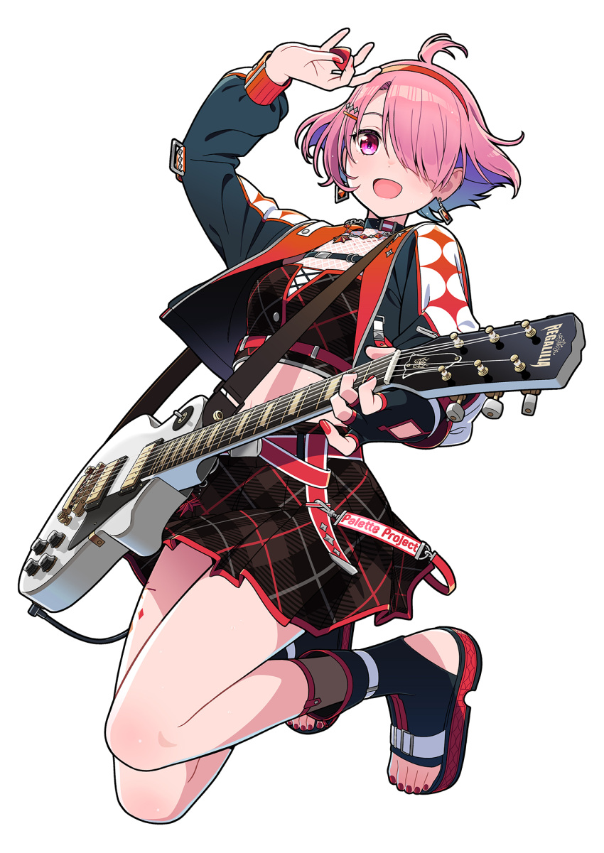 1girl, ahoge, black_skirt, earrings, eba_kyouka, electric_guitar, fingerless_gloves, full_body