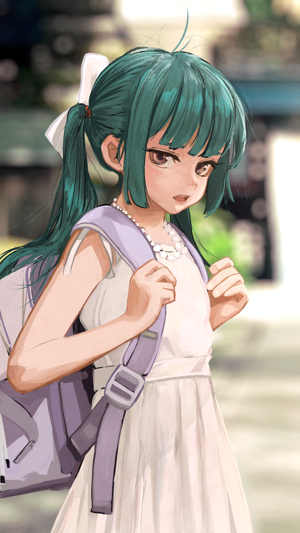 1girl, backpack, bag, blunt_bangs, blurry, blurry_background, bow, brown_eyes