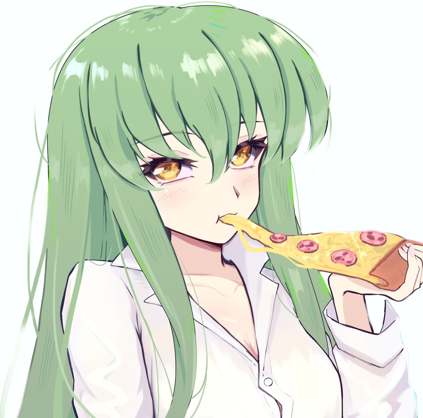 1girl, c.c., code_geass, food, food_in_mouth, green_hair, hair_between_eyes, harechiuten