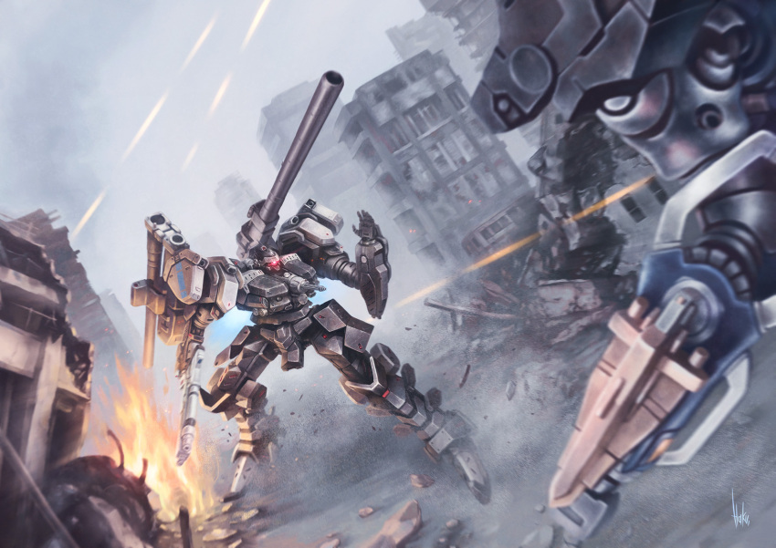 armored_core_3, battle, building, cannon, city, cityscape, collateral_damage, dual_face