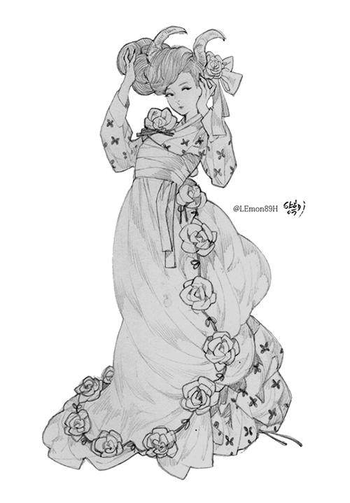 1girl, demon_girl, demon_horns, dress_flower, flower, full_body, greyscale, hanbok, horns, korean_clothes, lemon89h, long_sleeves, looking_to_the_side, monochrome, original, sash, solo, teure_meori, white_background