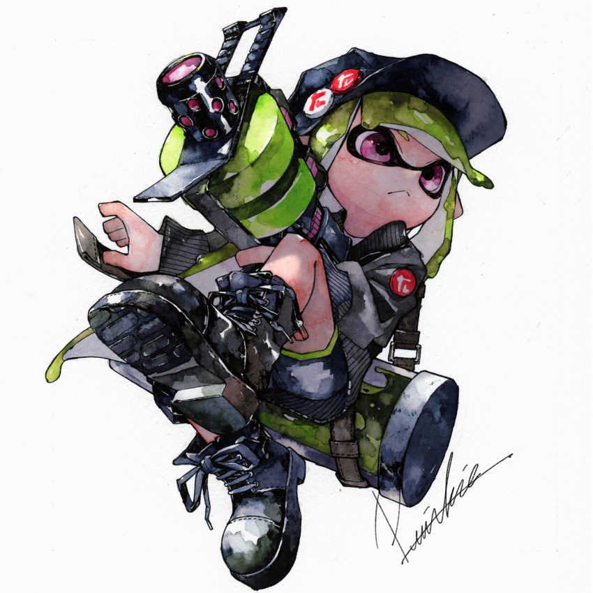 .52_gal_(splatoon), 1girl, :<, badge, baseball_cap, black_footwear, black_hat, black_jacket