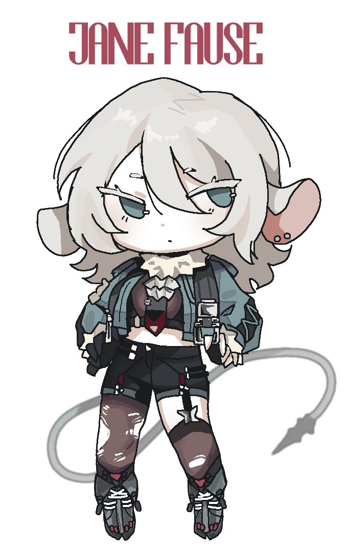 1girl, animal_ears, black_shirt, black_shorts, blue_jacket, brown_pantyhose, brown_thighhighs, cosplay, cropped_shirt, ear_piercing, faust_(project_moon), full_body, garter_straps, jacket, jane_doe_(zenless_zone_zero), jane_doe_(zenless_zone_zero)_(cosplay), limbus_company, long_sleeves, looking_to_the_side, medium_hair, mouse_ears, mouse_tail, ny_000a, pantyhose, piercing, project_moon, puffy_long_sleeves, puffy_sleeves, shirt, shorts, sidelocks, single_garter_strap, single_leg_pantyhose, solo, tail, thigh-highs, white_hair, zenless_zone_zero