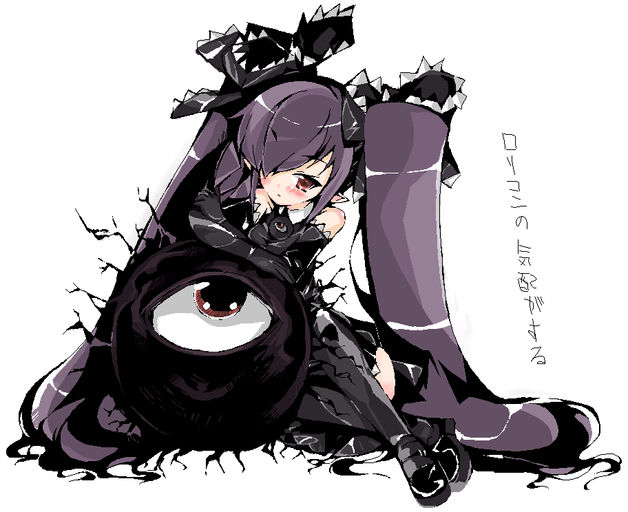 1girl, arm_support, backbeako_(torotei), backbeard, bare_shoulders, black_dress, black_footwear, black_gloves, black_ribbon, black_thighhighs, blush, borrowed_character, breasts, closed_mouth, commentary_request, disembodied_eye, dress, elbow_gloves, gegege_no_kitarou, gloves, hair_over_one_eye, hair_ribbon, head_tilt, hiramekimedesu, long_hair, looking_at_viewer, one-eyed, original, pointy_ears, red_eyes, ribbon, shoes, simple_background, sleeveless, sleeveless_dress, small_breasts, solo, thigh-highs, translation_request, twintails, very_long_hair, zettai_ryouiki