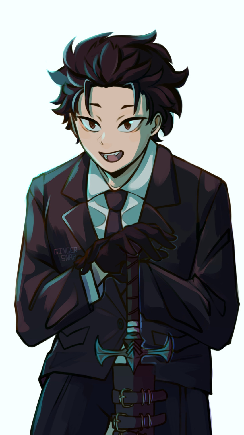 1boy, absurdres, black_gloves, black_hair, black_necktie, brown_eyes, collared_shirt, cosplay