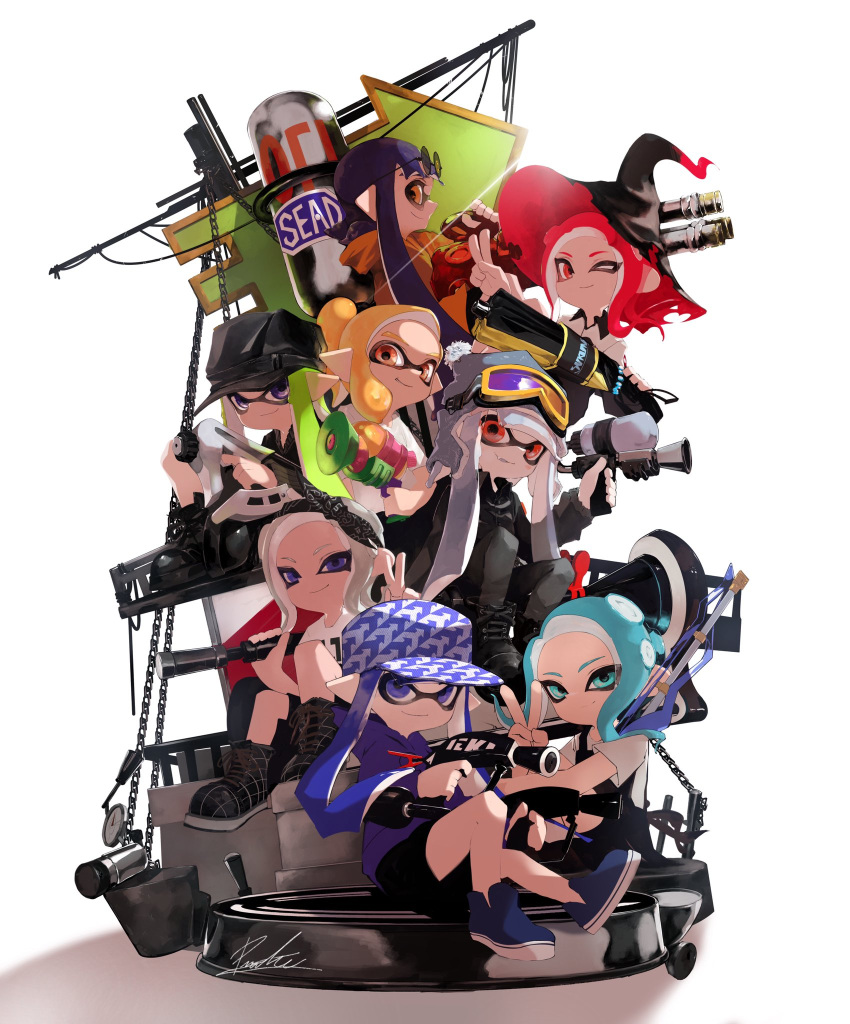 1boy, 6+girls, ankle_boots, apron, bandana, baseball_cap, beanie, black_apron