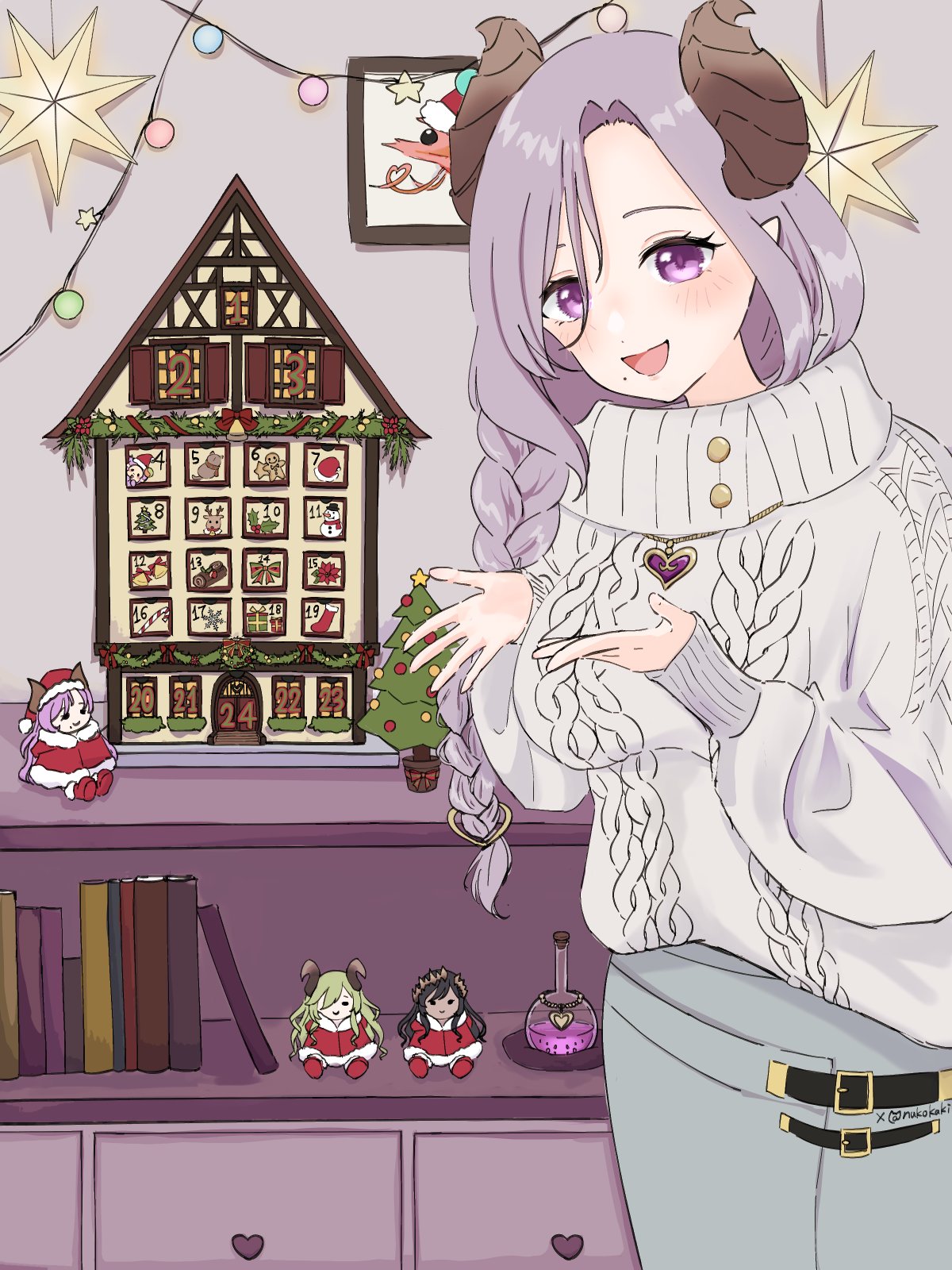 1girl, advent_calendar, alternate_costume, blush, bookshelf, braid, breasts, brown_horns, cable_knit, calendar_(object), character_doll, christmas, christmas_lights, christmas_tree, commentary, cowboy_shot, december, demon_girl, demon_horns, grey_skirt, grey_sweater, highres, horns, indoors, long_hair, looking_at_viewer, medium_breasts, mole, mole_under_mouth, nanashi_inc., nukokaki, open_mouth, purple_hair, ribbed_sweater, saionji_mary, saionji_mary_(2nd_costume), sekishiro_mico, shimamura_charlotte, single_braid, skirt, smile, solo, star_(symbol), sweater, symbol-only_commentary, violet_eyes, virtual_youtuber