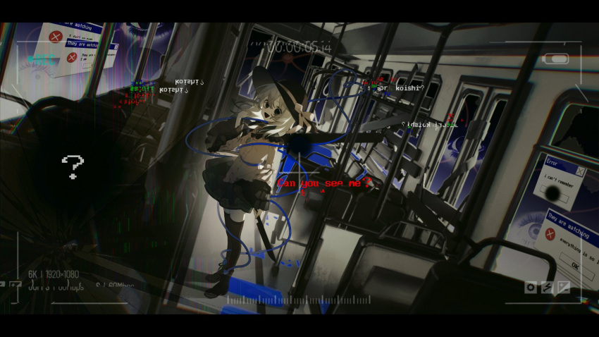 1girl, ?, battery_indicator, black_eyes, black_footwear, black_hat, black_thighhighs, boarded_door