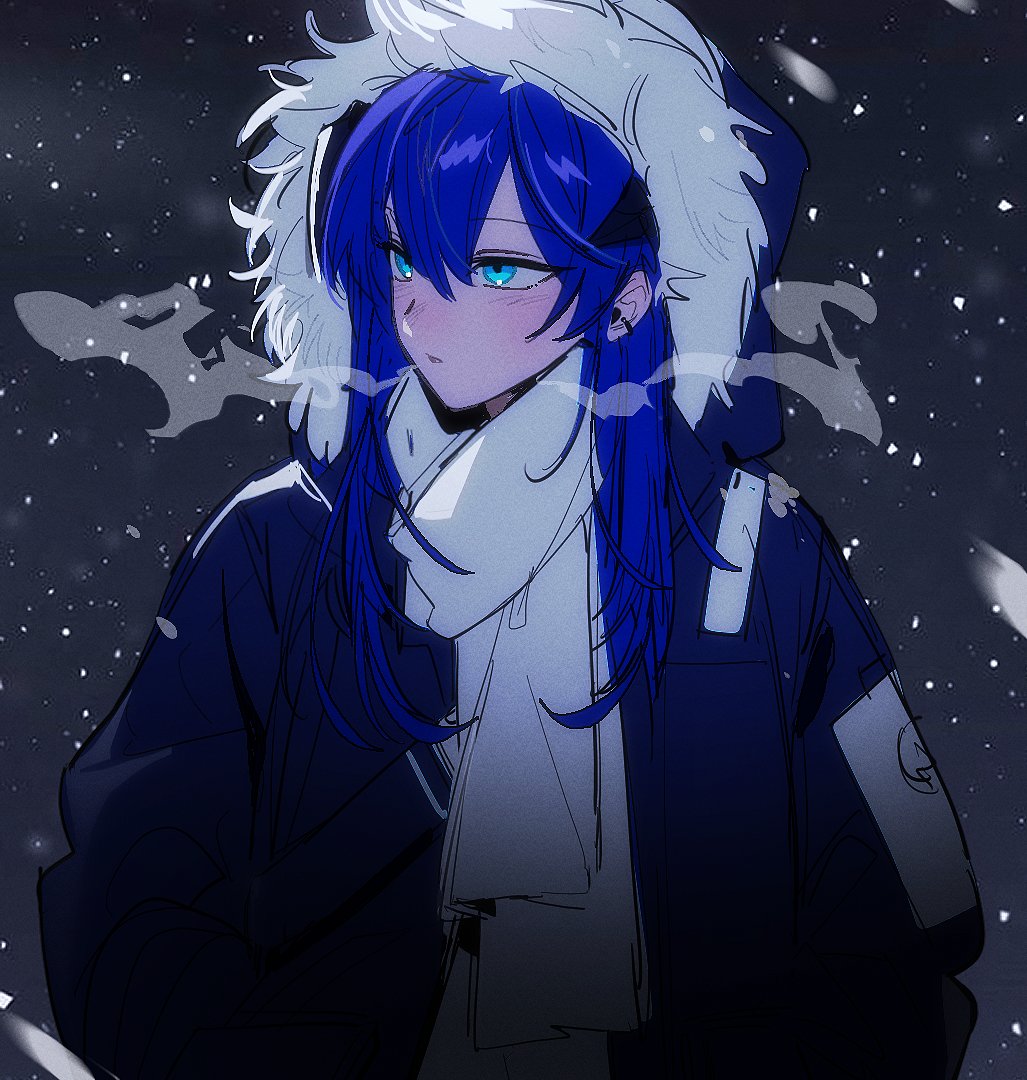 1girl, arknights, black_jacket, blue_eyes, blue_hair, blush, breath, cold
