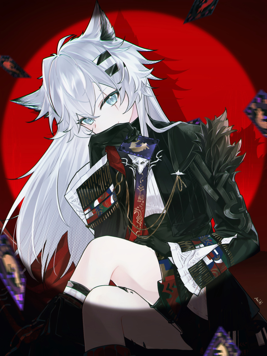 1girl, absurdres, animal_ears, arknights, black_gloves, black_jacket, blue_eyes, blurry