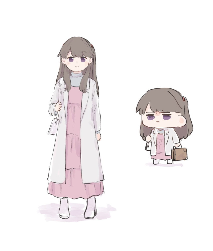 1girl, :|, arm_at_side, blush, boots, briefcase, brown_hair, chibi