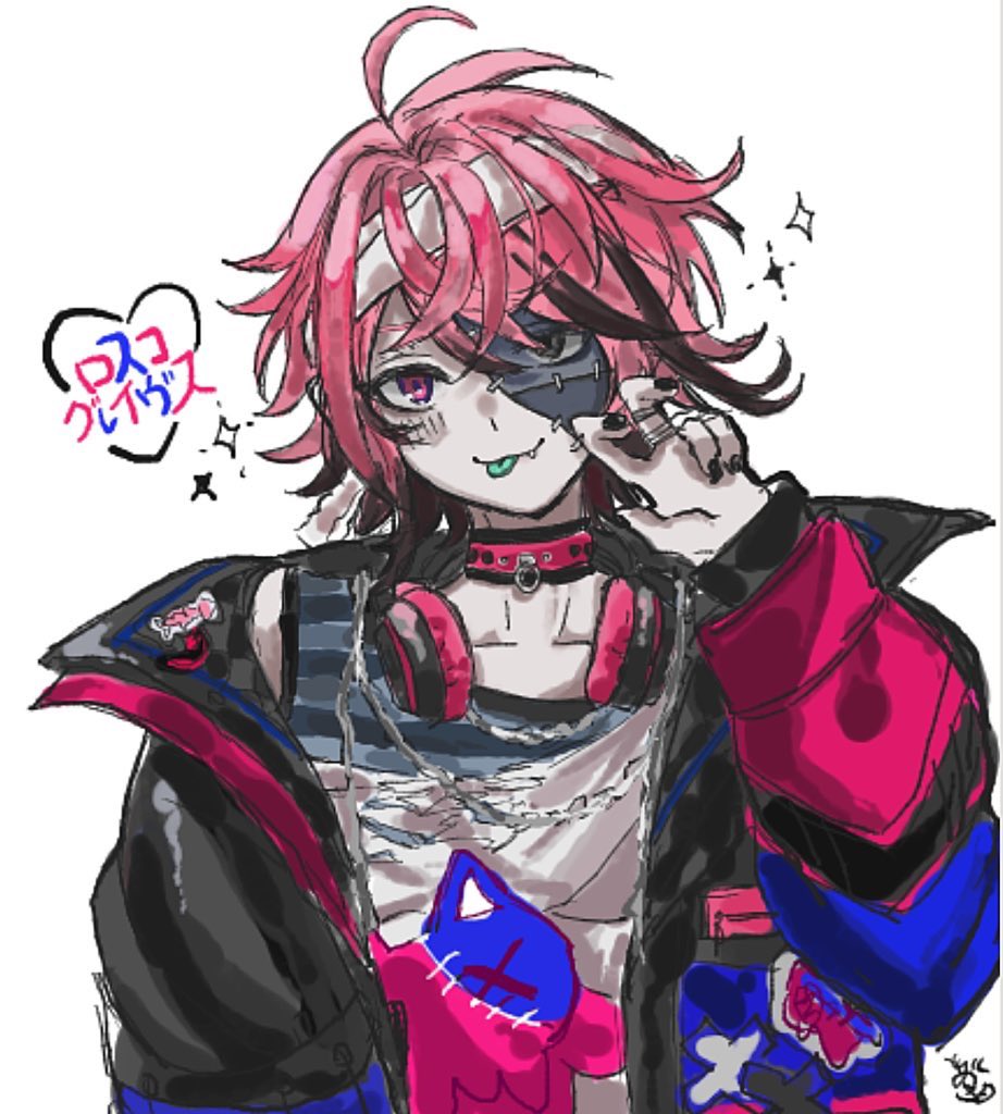1boy, bandaged_head, bandages, black_hair, black_nails, character_name, choker, colored_tongue