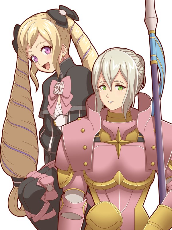 2girls, aristocratic_clothes, armor, blonde_hair, breastplate, commentary, drill_hair, effie_(fire_emblem)