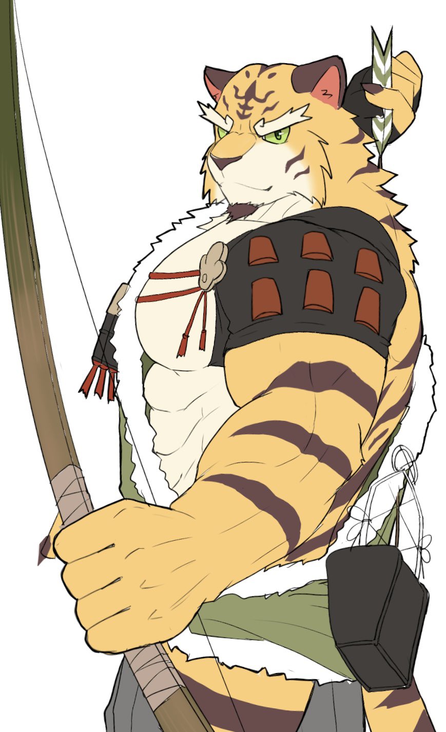 1boy, abs, animal_ears, armor, bow_(weapon), cat_nose, claws, drawing_arrow, facial_hair, furry, furry_male, goatee, highres, holding, holding_bow_(weapon), holding_weapon, looking_at_viewer, male_focus, muscular, muscular_male, nikukyu299paw, pectorals, shoulder_armor, tail, taketora_(yasha), tiger_boy, tiger_ears, tiger_stripes, tiger_tail, weapon, yasha_legends_of_the_demon_blade, yellow_fur