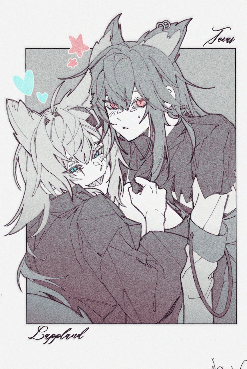 2girls, animal_ear_piercing, animal_ears, aqua_eyes, arknights, border, capelet, character_name