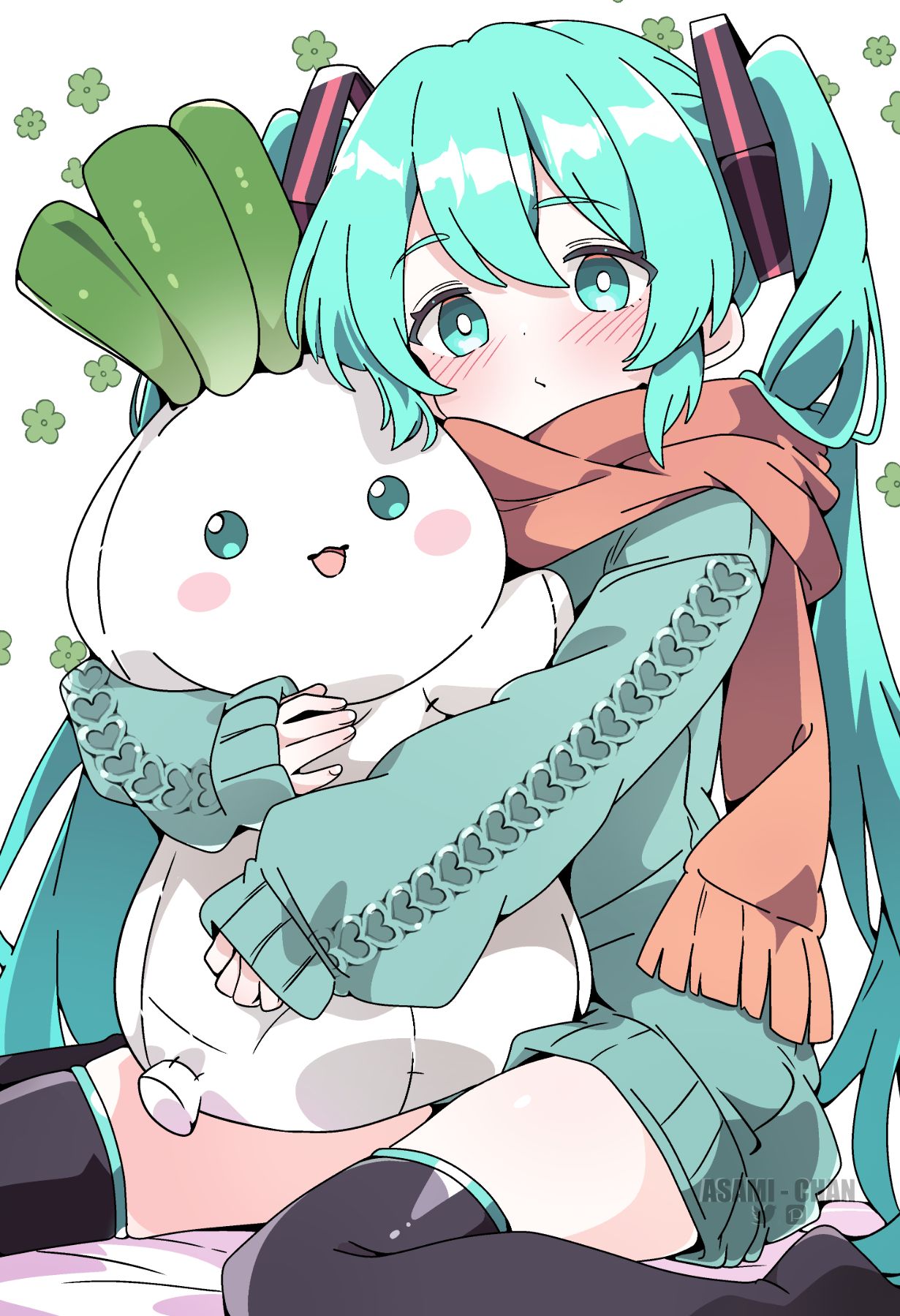 1girl, :/, :3, :d, aqua_eyes, aqua_hair, aqua_sweater, aqua_trim