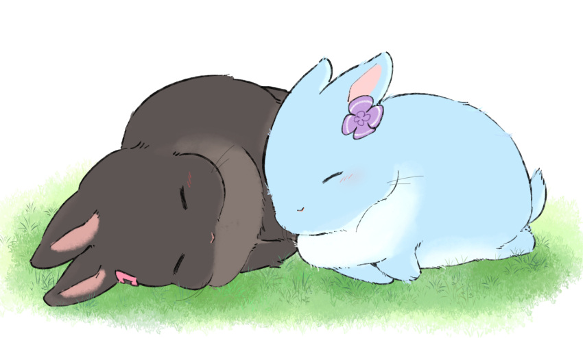 animal_focus, animalization, bang_dream!, black_rabbit_(animal), blush, closed_eyes, flower, grass