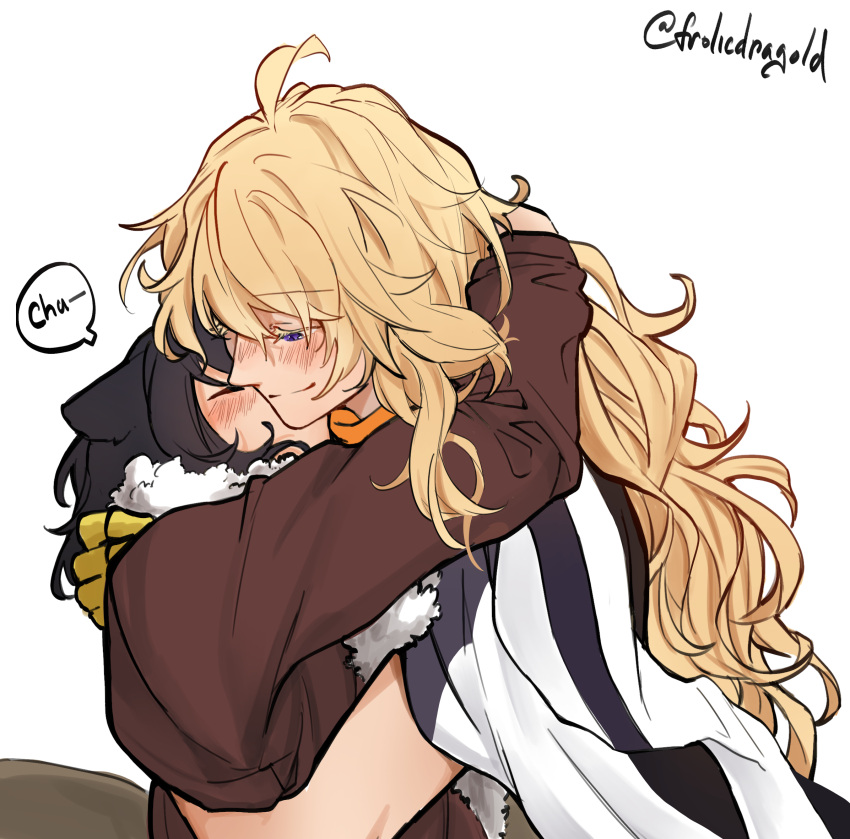 2girls, animal_ears, arms_around_neck, black_hair, blake_belladonna, blonde_hair, blush, brown_jacket, cat_ears, closed_eyes, closed_mouth, commentary, english_commentary, frolicdragold, fur-trimmed_jacket, fur_trim, highres, hug, jacket, kiss, kissing_cheek, long_hair, long_sleeves, mechanical_arms, multiple_girls, rwby, simple_background, single_mechanical_arm, smile, twitter_username, upper_body, violet_eyes, white_background, white_jacket, yang_xiao_long, yuri