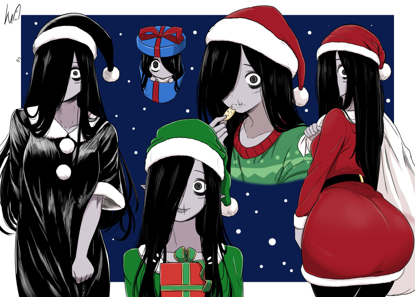 1girl, absurdres, ass, bags_under_eyes, black_hair, chibi, christmas, christmas_present