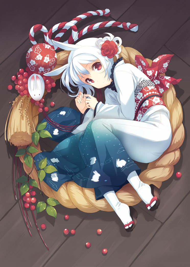 bunny_ears, djmax, flower, h2so4, hair_flower, hair_ornament, japanese_clothes, kimono, lying, new_year, on_side, original, red_eyes, short_hair, suee, tabi, white_hair, yukata