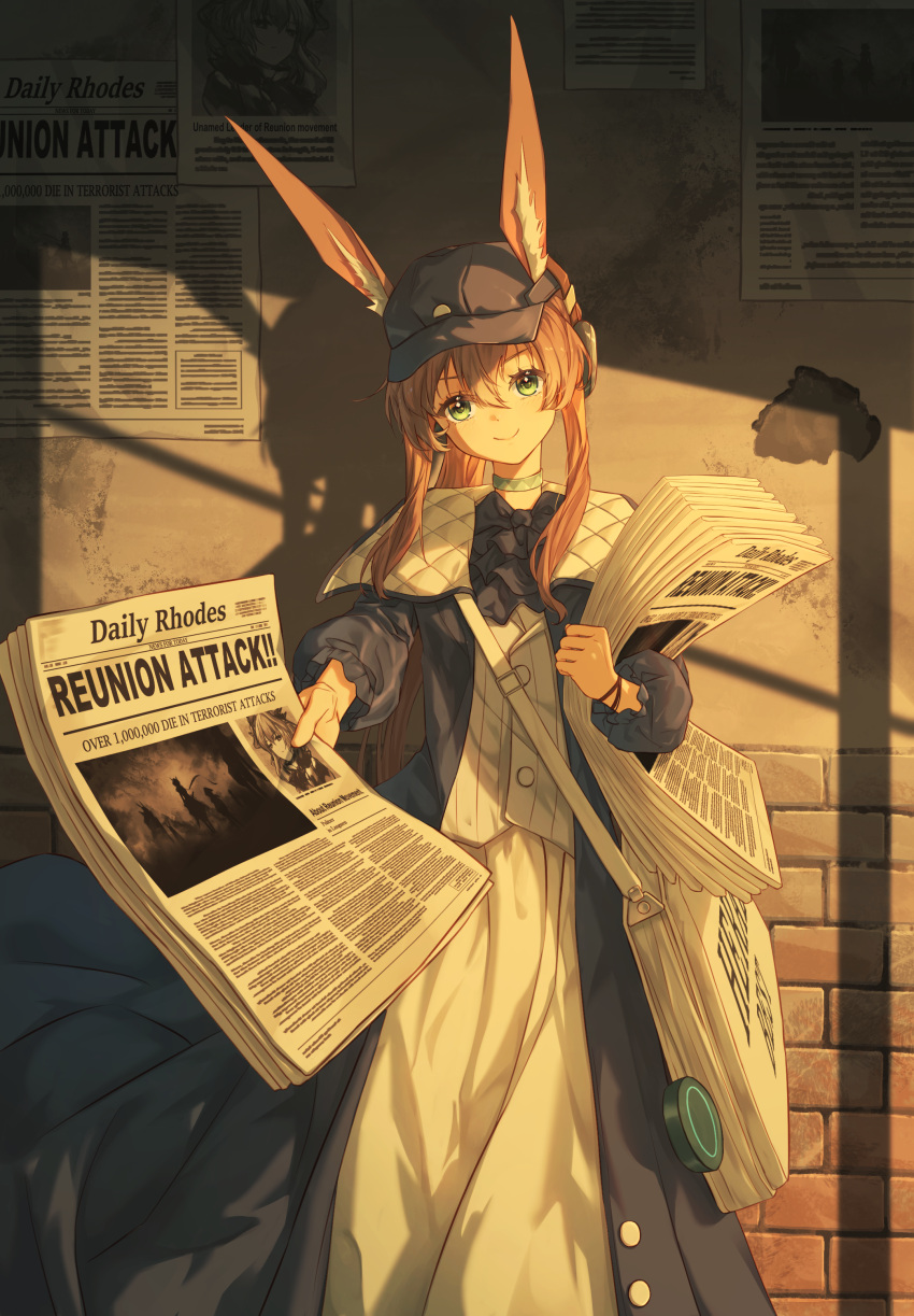 1girl, absurdres, amiya_(arknights), amiya_(newsgirl)_(arknights), animal_ears, arknights, ascot, bag