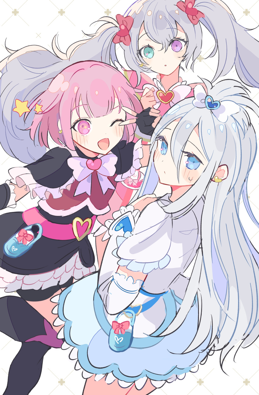 25-ji_miku, 3girls, :o, absurdres, aqua_eyes, argyle_background, belt, belt_buckle