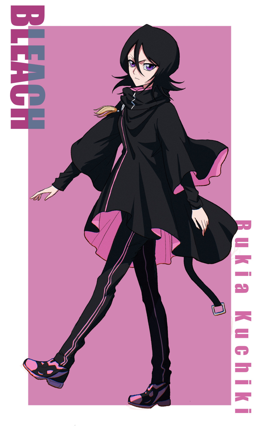 1girl, absurdres, black_dress, black_hair, black_pants, black_shirt, bleach, character_name
