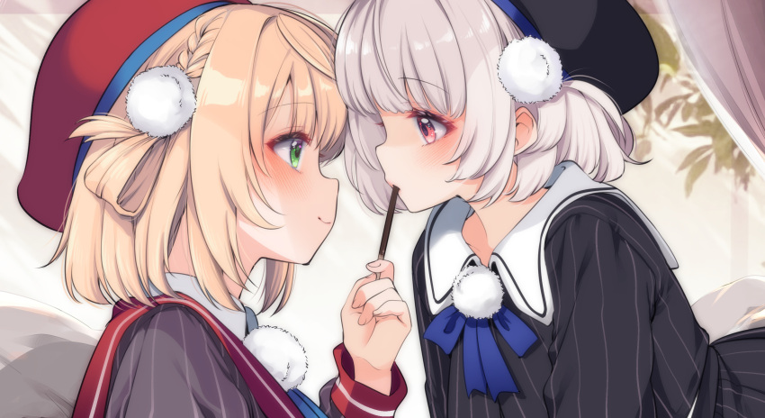 2girls, beret, black_hat, black_shirt, blonde_hair, blue_bow, bow, braid