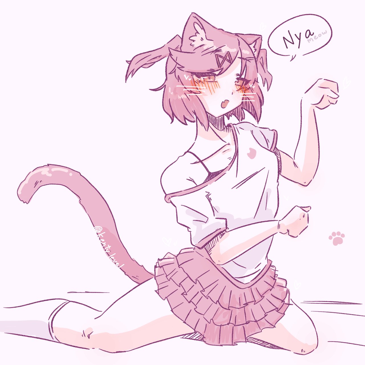 1girl, :d, animal_ear_fluff, animal_ears, animal_print, artist_name, black_bra, blush
