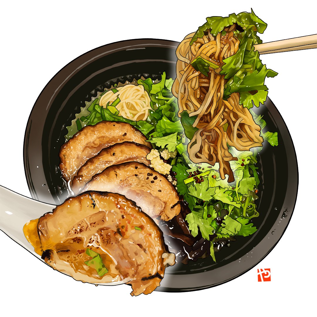 bowl, chopsticks, coriander, english_commentary, food, food_focus, meat, mushroom